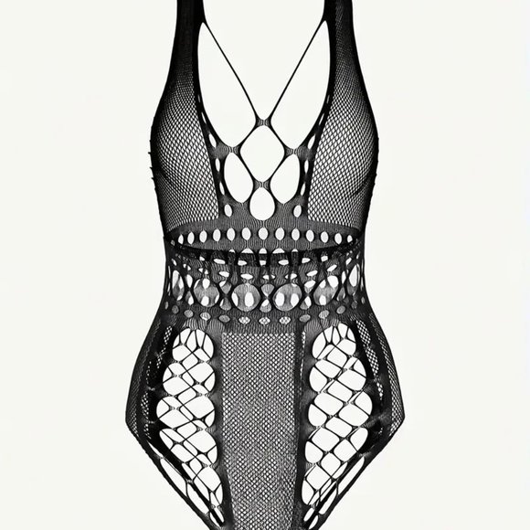Sexy Fishnet Bodysuit Teddy Black Lingerie Halter Stretchy Cosplay Role play NEW - Picture 4 of 4